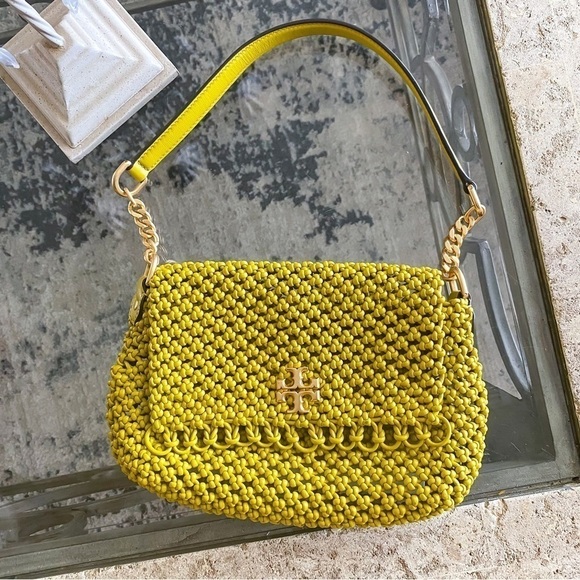 Tory Burch Bag Kira Chevron Macrame Woven Small Shoulder Leather Pear GUC - Picture 2 of 16